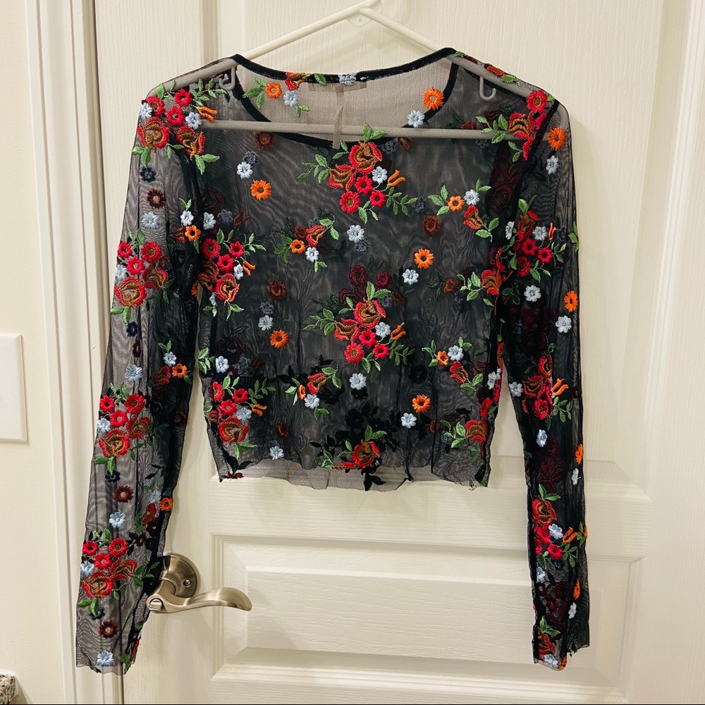 Urban Outfitters (UO) Red Floral Embroidered Sheer Long Sleeve Tee Size S NWOT